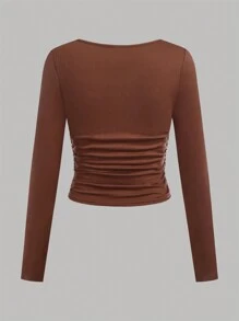 SHEIN Juego de 3 camisetas de manga larga de cuello cuadrado fruncido que combina con todo, en negro, marrón y blanco, 3 piezas, compra 1 y llévate 2 gratis para adolescentes