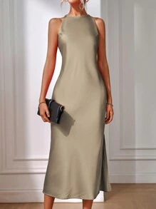 EMERY ROSE Women's Solid Color Sleeveless Long Elegant Dress, Summer Maxi Women Outfit - Brown - View 4