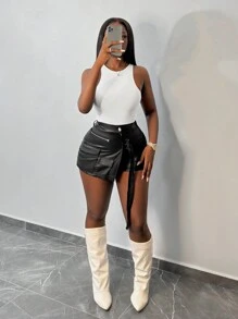 Slaydiva 街头时尚性感夜店酒吧 PU 皮革系带紧身短款迷你裙短裤