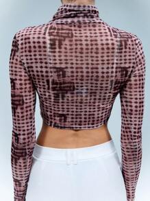 SHEIN Unity Abstrakt pricktryckt mesh rullhals långärmad topp - Multifärgad - Visa 2