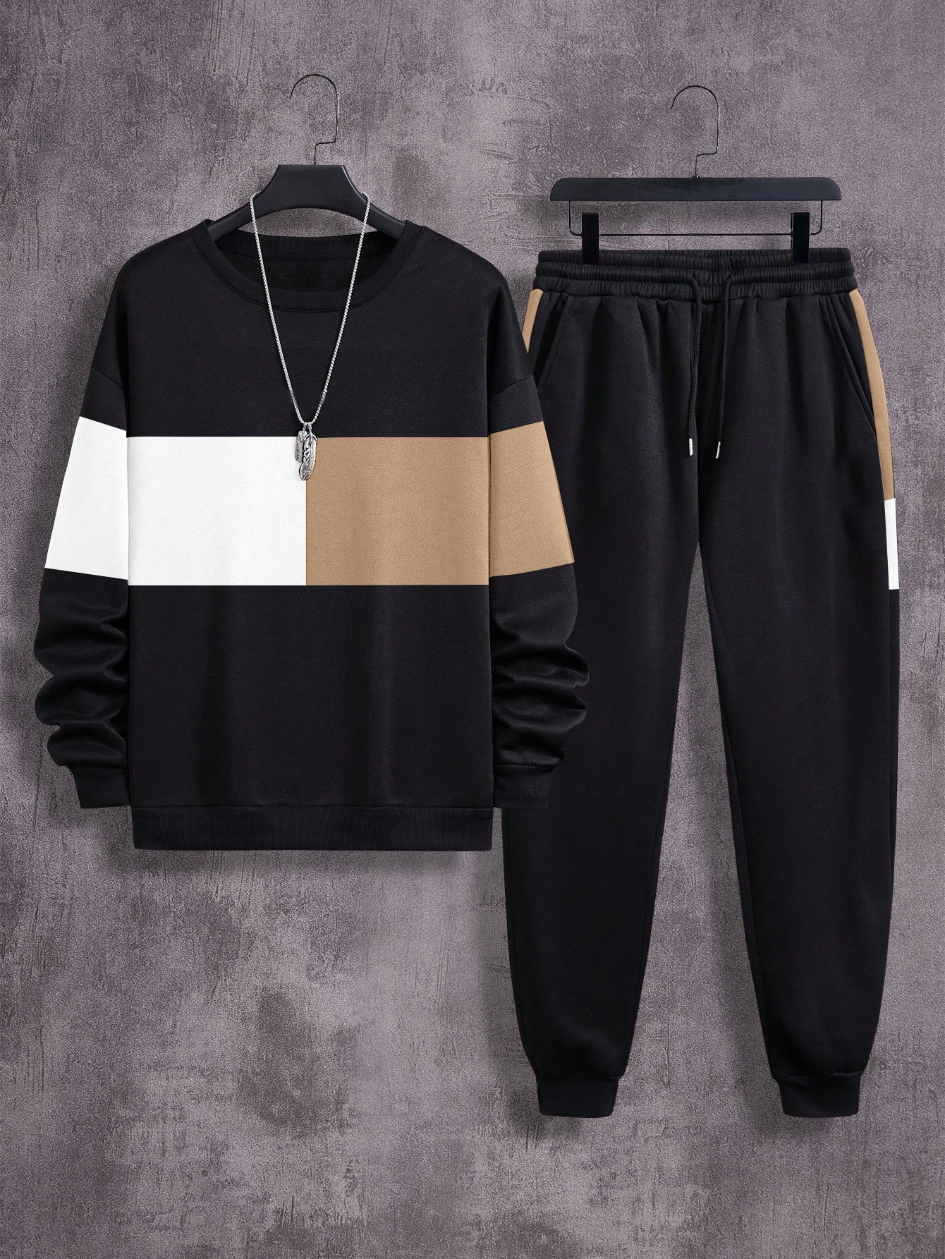 2pcs Men's Casual Contrast Color Crew Neck Sweatshirt And Drawstring Waist Sweatpants Set, Spring And Autumn