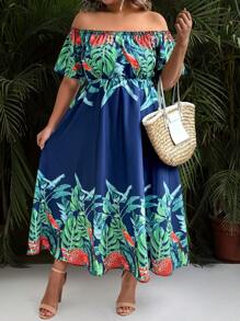 Breezaya Plus Size Off-The-Shoulder Short Sleeve Waist Slimming Floral Print Dress