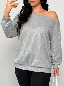SHEIN EZwear Plus Size Open Shoulder Loose Gray Pullover Sweatshirt For Early Autumn Winter Fall - Dark Grey - View 6