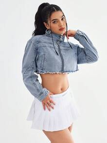 SHEIN EZwear 女士春秋休闲磨边短款牛仔夹克