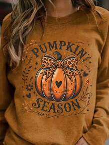 SHEIN LUNE 大码女式南瓜和字母印花圆领运动衫、感恩节上衣、秋季服装 - 摩卡棕 - 查看 3