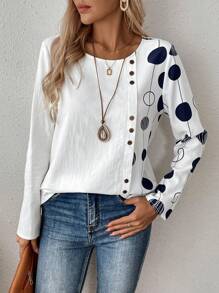 EMERY ROSE Women's Printed Patchwork Long Sleeve Casual Blouse, Autumn - White - View 5