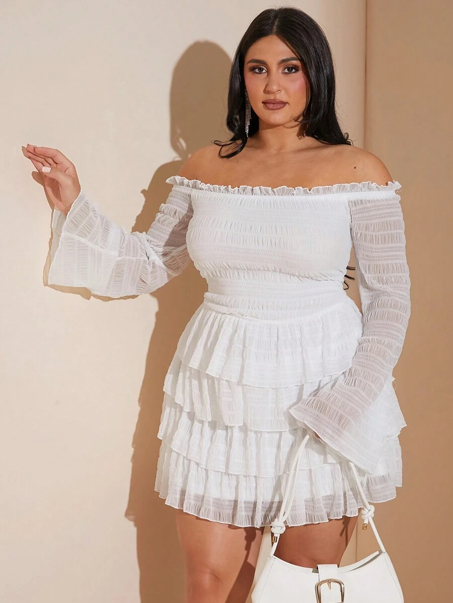 SHEIN BAE Plus Size Fall Sweet And Sexy White Ruffle Texture Off-Shoulder Long-Sleeved Pleated Layered Ruffle Mini Dress