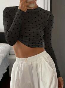 Livesso 女式圆点修身圆领长袖时尚透明衬衫 - 黑色 - 查看 7