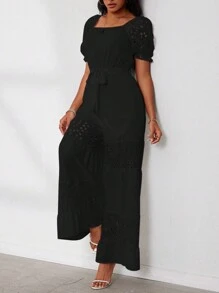 SHEIN LUNE Jumpsuit Wanita Musim Panas Polos Leher Persegi Lengan Pendek Mengembang Bordir Kaki Lebar Longgar Elegan - Hitam - View 4