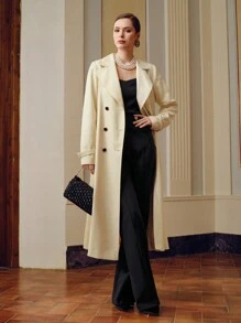 ZEYLAH LAPEL COLLAR DOUBLE BREASTED PLACKET BUCKLE BELTED TRENCH COAT - White - View 8