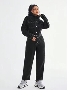 SHEIN EZwear Women's Casual Denim Jumpsuit With Stand Collar, Long Sleeve, Front Pockets, Suitable For Spring & Autumn - Black - View 3