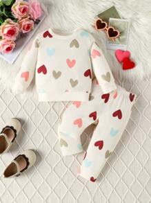Bộ 2 món áo len dệt kim in hình trái tim nhiều màu cho bé gái và quần dài thường ngày in hình trái tim cạp chun, mùa xuân và mùa thu - Nhiều màu - Xem 1