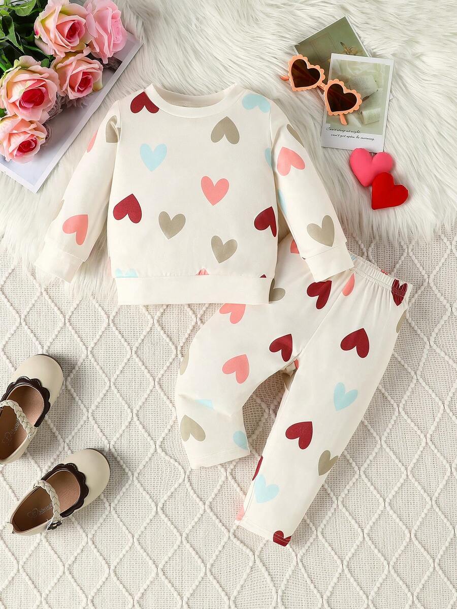 Bộ 2 món áo len dệt kim in hình trái tim nhiều màu cho bé gái và quần dài thường ngày in hình trái tim cạp chun, mùa xuân và mùa thu - Nhiều màu - Xem 1