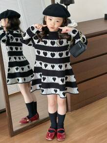 DAZY Young Girl Heart Pattern Long Sleeve Knitted Sweater Dress, Autumn/Winter - Black and White - View 4