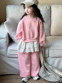 DAZY 2pcs Young Girl Crew Neck Knit Lace Patchwork Letter Embroidered Sweatshirt And Pants Set Fall,Winter - Pink - View 5