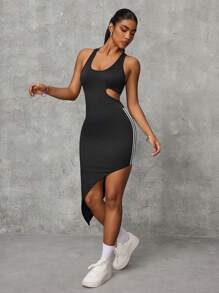 Easithlete Women's Color Block Striped Hollow Out Asymmetrical Hem Fitted Sports Dress - Black - View 6