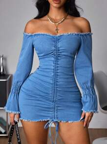 SHEIN ICON 女士露肩长袖荷叶边修身牛仔中长连衣裙 - 藍色 - 查看 1