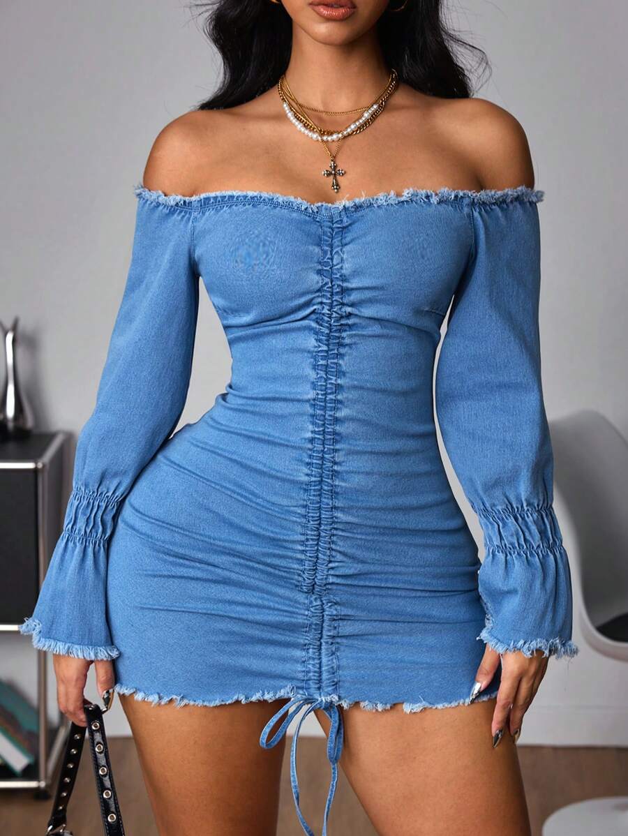 SHEIN ICON 女士露肩长袖荷叶边修身牛仔中长连衣裙 - 藍色 - 查看 1