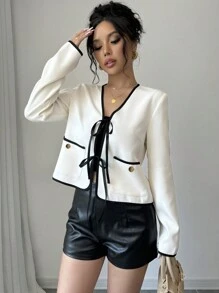 Elenzga Chaqueta corta con tirantes de moño delgado, estilo francés de moda para mujer en otoño, adecuada para ir al trabajo, vacaciones, citas, salidas, días festivos, jardín, reuniones familiares, Día del Trabajo, festivales, Día de la Independencia, regreso a clases, atuendo de maestro, Halloween, Acción de Gracias