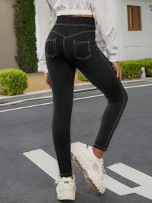 SHEIN Leap Crew Tween Girls' Basic Black Sports Leggings - Black - View 1