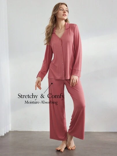 Ocili 休闲女式纯色长袖纽扣上衣和裤子家居服套装，假日舒适装扮，秋冬季服装