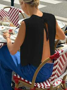 SHEIN Frenchy 女士纯色露背针织吊带背心，侧开衩下摆，秋季休闲无袖上衣 - 黑色 - 查看 9