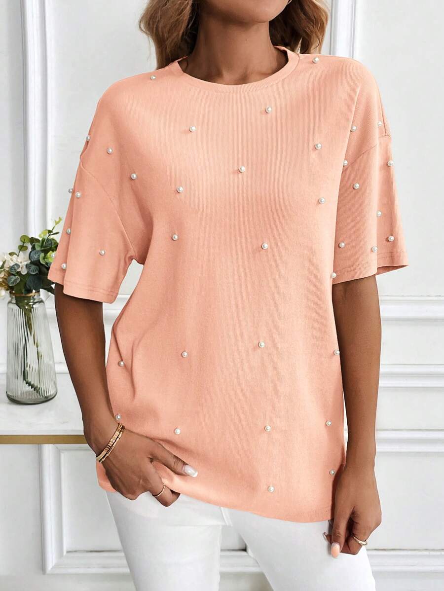 SHEIN LUNE Oversized Batwing T-Shirt With Sequin Snowflake Embellishments - Coral Orange - View 1