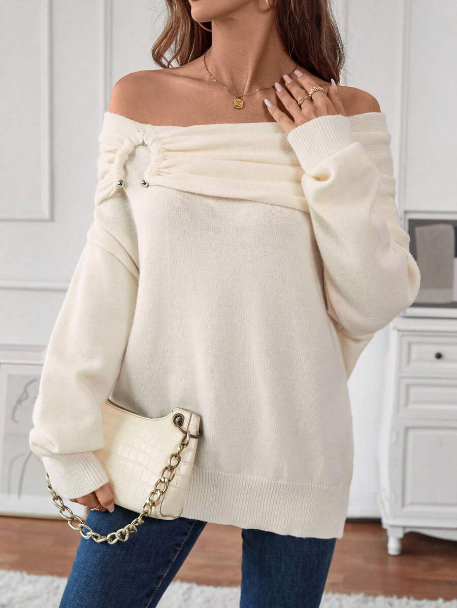 Chiquease Women's Solid Color Minimalist Daily Off-Shoulder Long Sleeve Sweater, Knit Pullover Fall Winter - Apricot - View 1