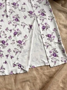 Soleia Váy suông hở vai in họa tiết xanh trắng cho kỳ nghỉ của phụ nữ - Màu tím - Xem 3