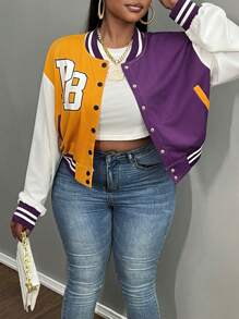 Slaydiva Plus Size Contrast Color Block Casual Sports Jacket Bomber Coat, Autumn - Multicolor - View 6