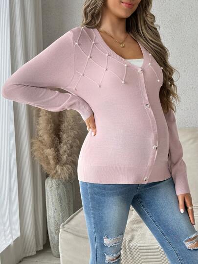 SHEIN Pregnant Women Fall/Winter Faux Pearl Decor Long Sleeve Elegant Single Breasted Knit Cardigan, For Maternity