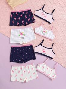 年轻女孩女学生内衣可爱独角兽火烈鸟吊带背心和内裤 3 件套 - 彩色 - 查看 3