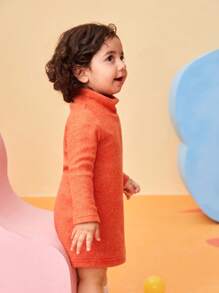 SHEIN Baby Girl High Neck Solid Color Dress Suitable For Outings, Autumn & Winter Fall Clothes - Orange - View 6