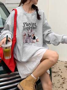 DAZY 女士宽松圆领印花卫衣，秋装 - 灰色 - 查看 2