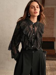 Anewsta Áo cánh chiffon đen viền ren Pháp thanh lịch, áo sơ mi nữ mùa thu/xuân - màu đen - Xem 3