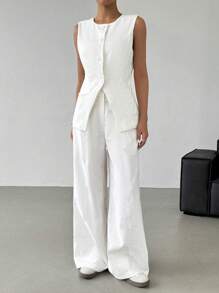 SHEIN EZwear 2pcs/Set Women's Spring & Summer Casual Linen Blazer Vest And Wide Leg Pants In Fall/Winter