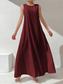 Al Najma 勃艮第红色女士纯色圆领无袖长款休闲阿拉伯连衣裙，休闲 2 件套，阿巴亚内衣裙，阿拉伯连衣裙，长款背心裙，基本款长裙 - 酒紅色 - 查看 10