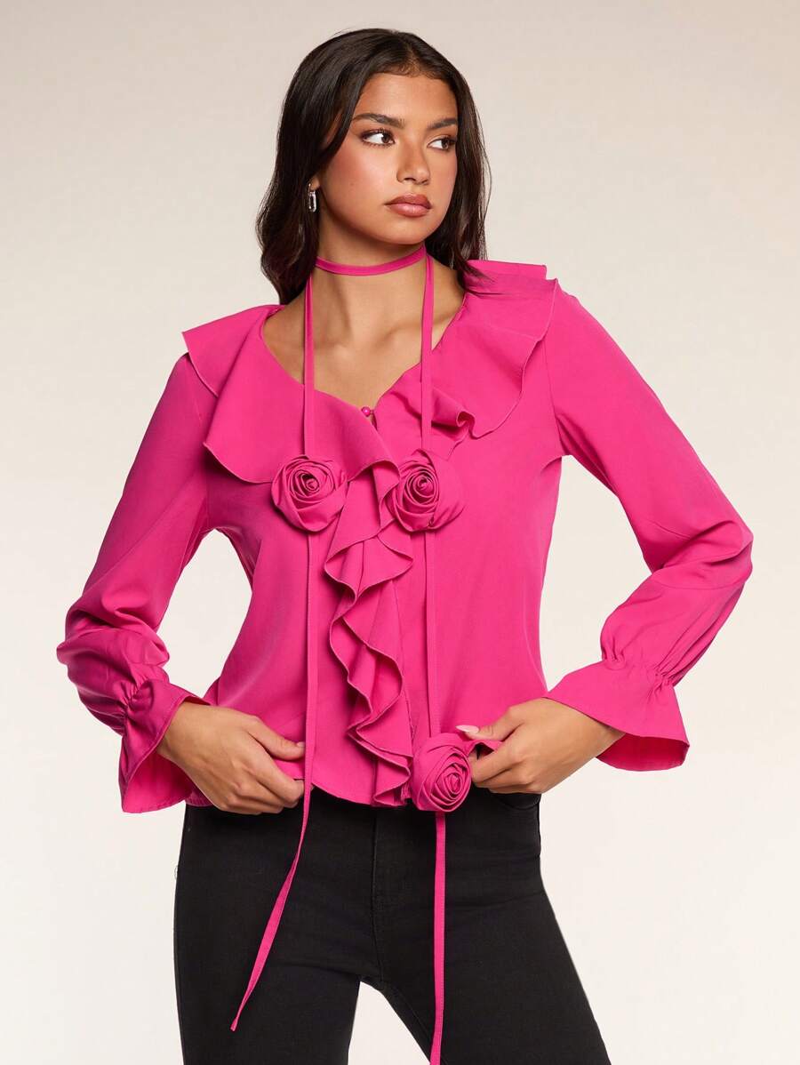Glamine Loose Elegant Long Sleeve Versatile Minimalist Ruffle Front V-Neck Women Blouse Fall Cloth For Women - Hot Pink - View 1