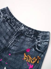 Tween Girl Stylish Faux-Denim Effect Letter Print Flared Leggings - Multicolor - View 4