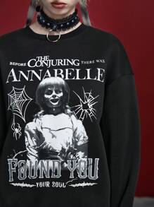 ANNABELLE x SHEIN 字母与图形休闲黑色运动衫 - 黑色 - 查看 1