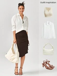 GLOWMODE FeatherFit™-Air Side Slit Adjustable Drawstring Ruched Midi Skirt Daily Casual Quick Dry Moisture Wicking - Chocolate Brown - View 5