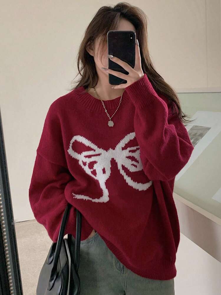Ladies' Round Neck Loose Knitted Sweater With Bow Detail,Three Quarter Sleeve Tops Fall,Winter Christmas