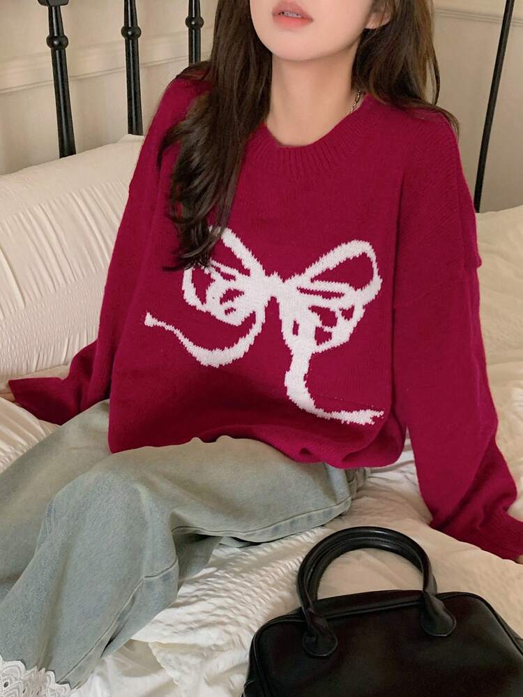 Ladies' Round Neck Loose Knitted Sweater With Bow Detail,Three Quarter Sleeve Tops Fall,Winter Christmas