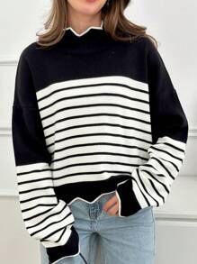 EURMUSE Women Stripe Pattern Mock Neck Drop Shoulder Pullover - Black - View 7