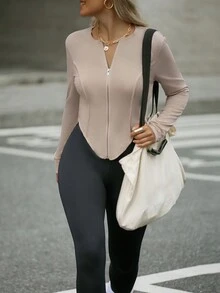 SHEIN Unity Áo thun dài tay viền bất đối xứng màu trơn dành cho nữ - Màu Khaki - Xem 4