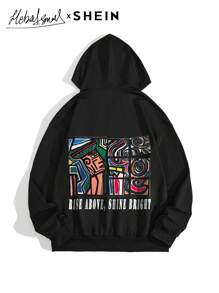 Seusyu Women's Autumn & Winter Abstract Face Print Drawstring Hooded Casual Loose Sweatshirt, Casual Comfy Pullover Top Fall - Black - View 2