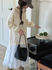 DAZY 青少年女孩粗针织撞色网眼毛衣裙，返校服装