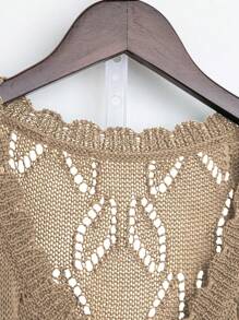 SHEIN LUNE Bộ áo cánh ren khoét lỗ màu trơn cỡ lớn và quần short buộc dây phía trước - Màu Khaki - Xem 4