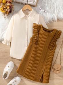 SHEIN 2pcs Young Girl Collared Long Sleeve Jacket And Ruffle Crew Neck Sleeveless Dress Set, Autumn/Winter - Apricot - View 4