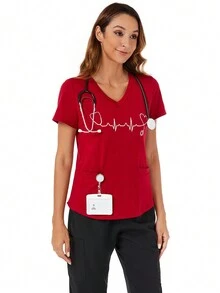 Heart Print V-Neck Blouse Spring Summer Short Sleeve Scrub Uniform T-Shirt - Burgundy - View 8